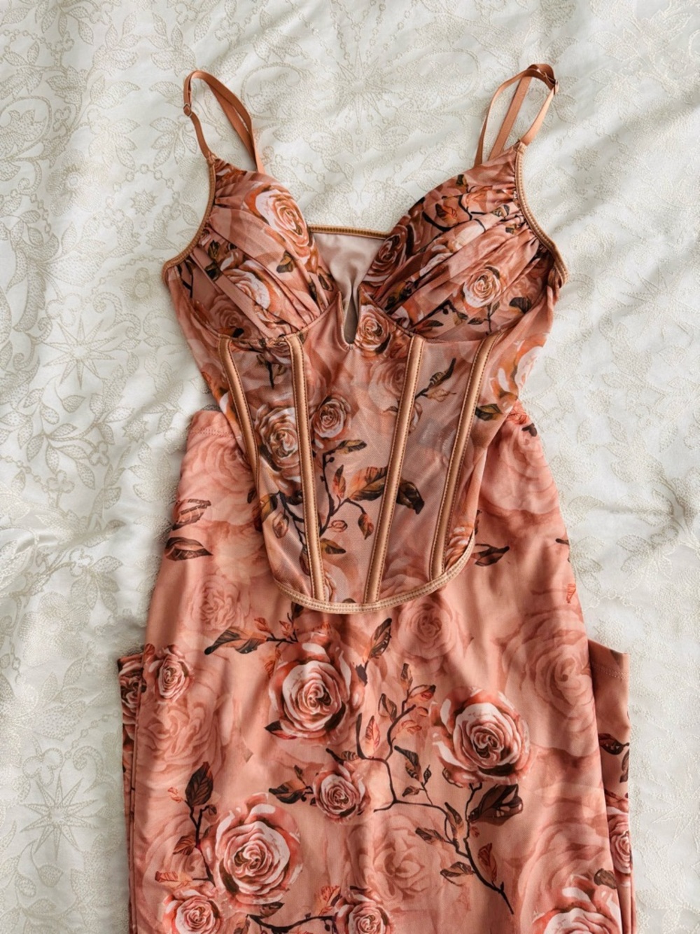 SHEIN Peach Floral Mesh Bustier Slip Dress